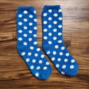 Blue and White Polka Dot Fuzzy Socks OSFM